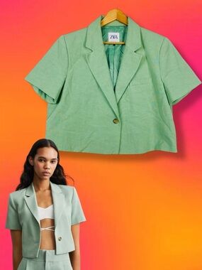 ZARA Linen Cropped Boxy Oversized Blazer Green XXL